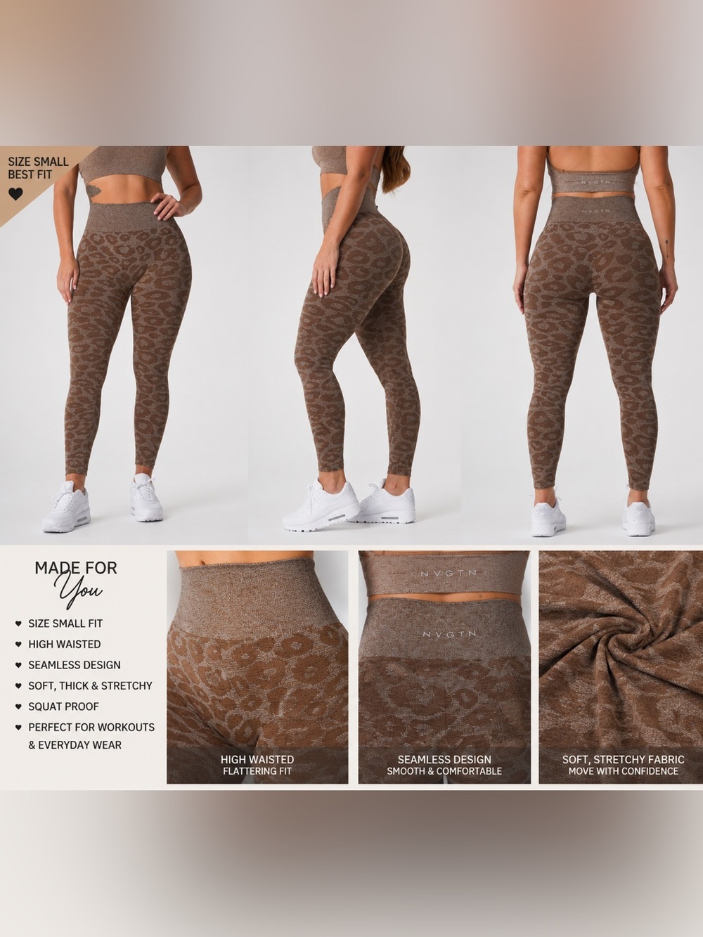 NVGTN Mocha Leopard Seamless Leggings Small High Waisted Gym Workout Athleisure - Picture 2 of 6